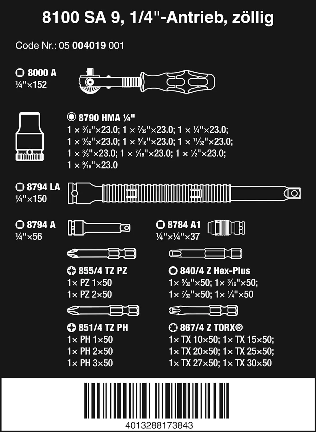 Wera 05004019001, 8100 SA 9 ZYKLOP SPEED RATCHET SET, 1/4" DRIVE, IMPERIAL, 28 PIECES - Image 2