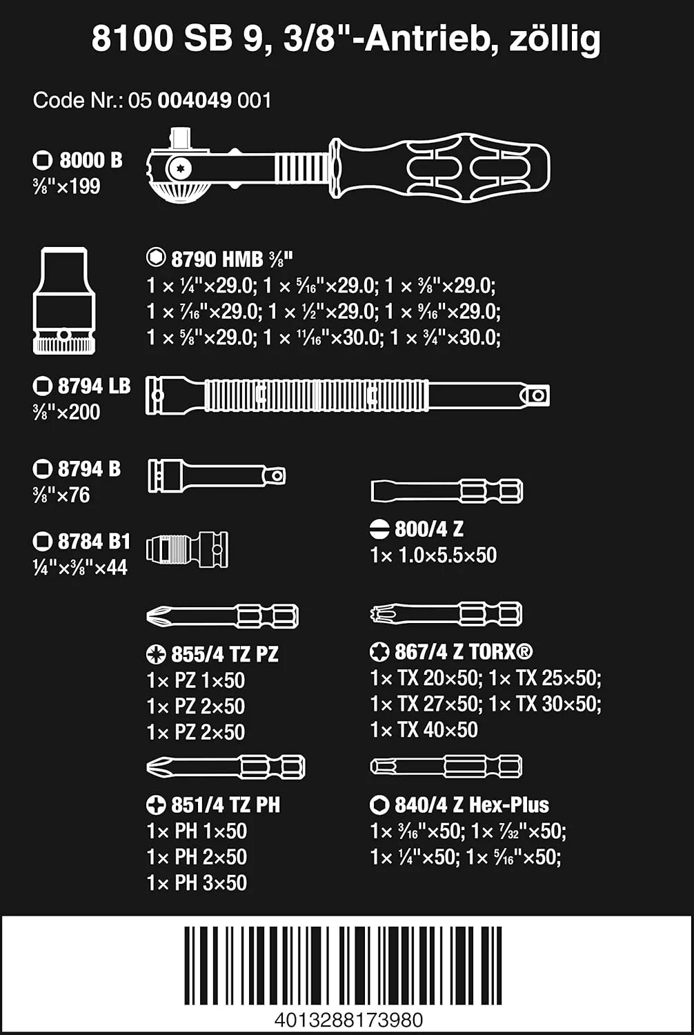 Wera 05004049001, 8100 SB 9 ZYKLOP SPEED RATCHET SET, 3/8" DRIVE, IMPERIAL, 29 PIECES - Image 3