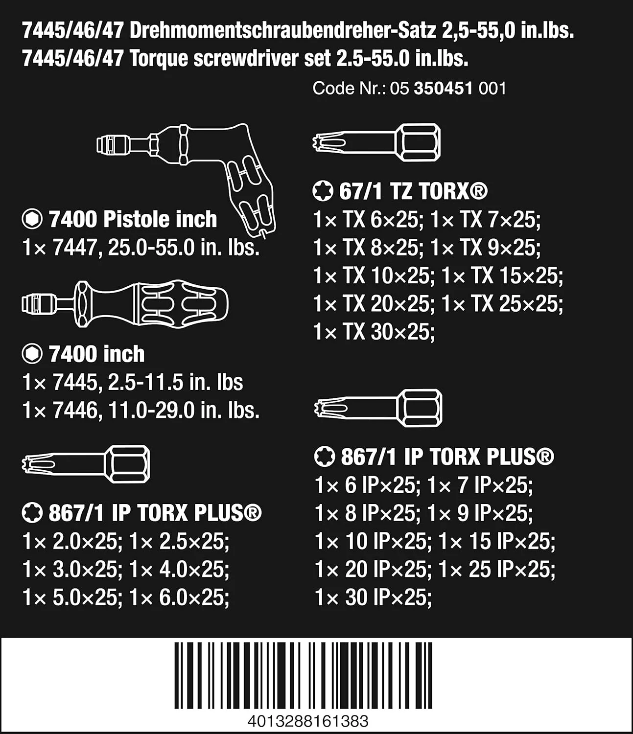Wera 05350451001, 7445/46/47 KRAFTFORM TORQUE SCREWDRIVER SET 2.5-55.0 IN.LBS., 27 PIECES - Image 2